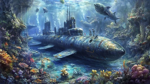 Underwater Submarine Scene with Coral Reefs