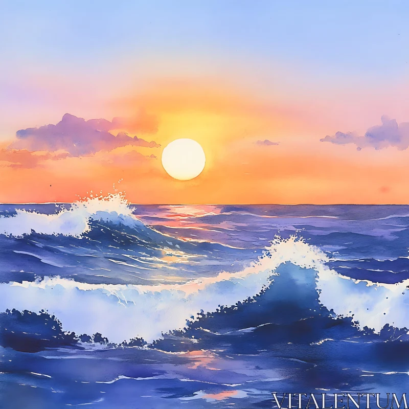 Watercolor Seascape with Sunset AI Image