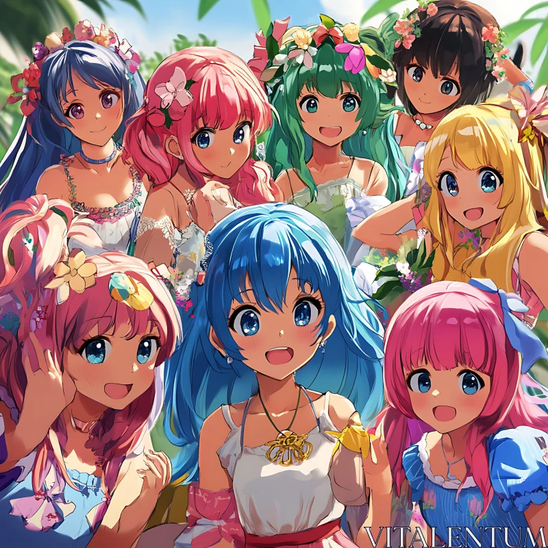 AI ART Vibrant Group of Anime Girls in Outdoor Summer Scene