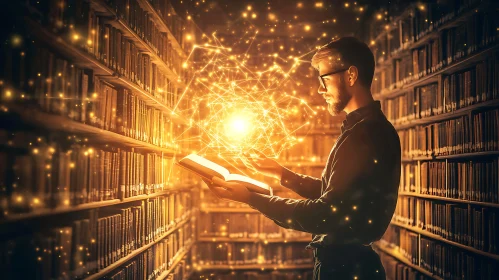 Man Reading Glowing Book in Library