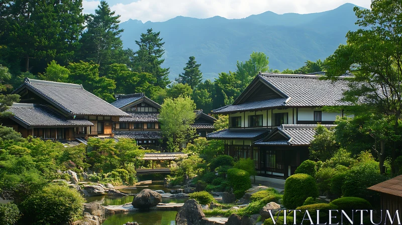 Serene Japanese Garden with Traditional Architecture and Mountain Views AI Image