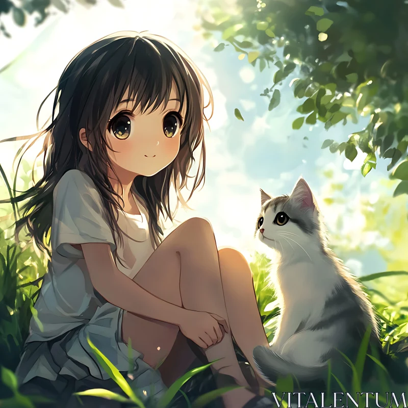 Peaceful Anime Scene with Girl and Cat AI Image