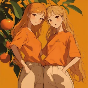 Twin Anime Girls with Oranges