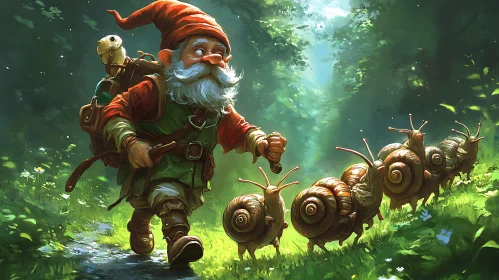 Forest Gnome Leading Snail Procession