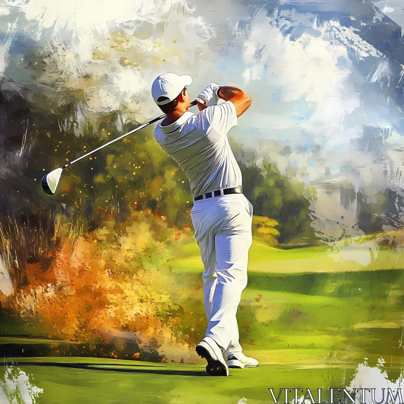 Golf Art: Dynamic Swing in a Vibrant Setting , AI AI Image