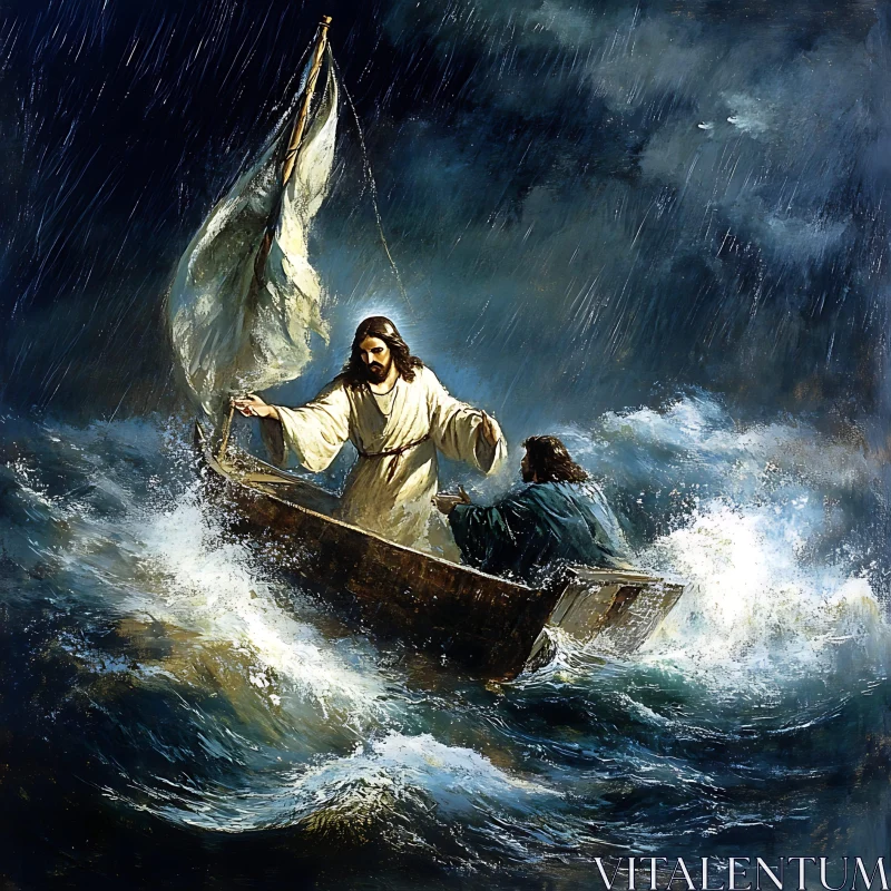 Sea Storm Boat Painting AI Image