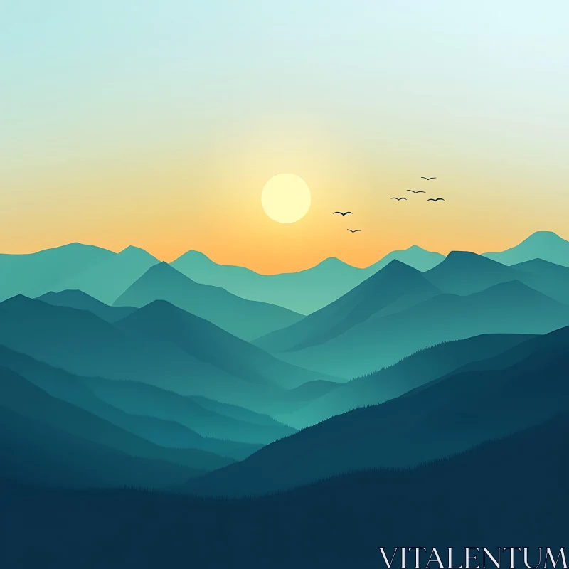 AI ART Layered Mountains at Sunset with Birds