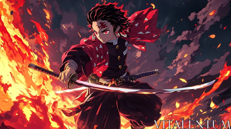 Anime Samurai with Sword Amidst Flames AI Image