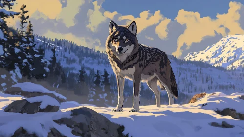 Lone Wolf in Snowy Mountains