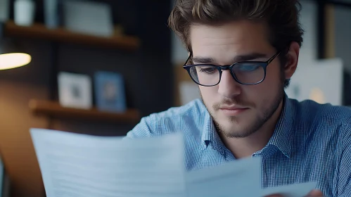 Man with Glasses Concentrating on Paperwork