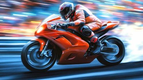 High-Speed Motorcycle Racer in Action with City Lights