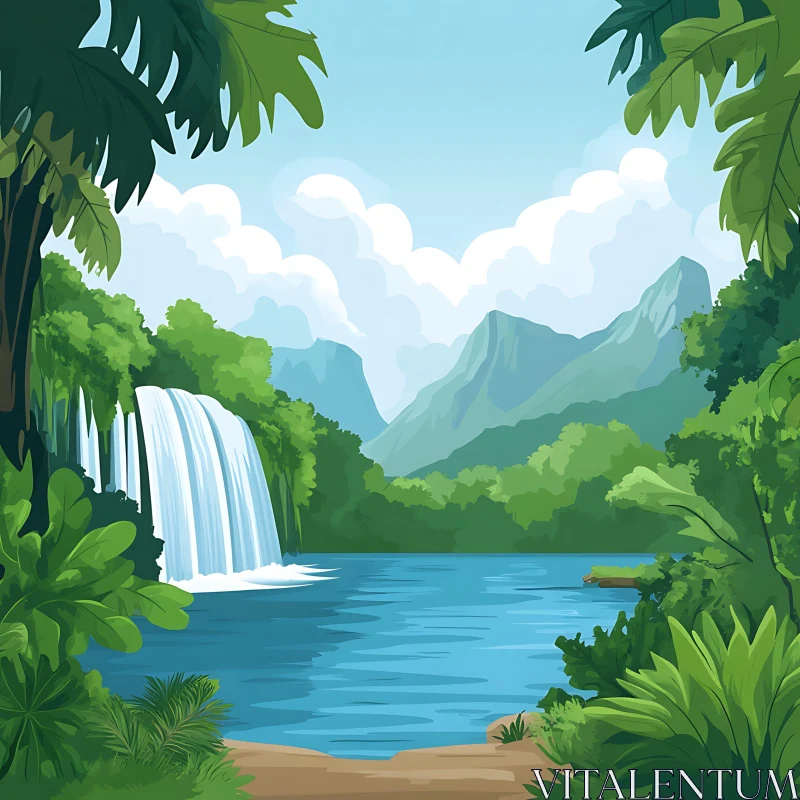 AI ART Tranquil Forest with Waterfall and Lake