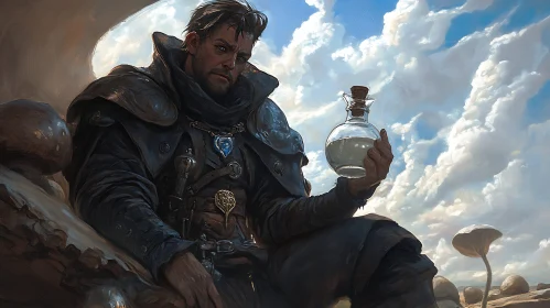 Man with Potion in Mushroom Field