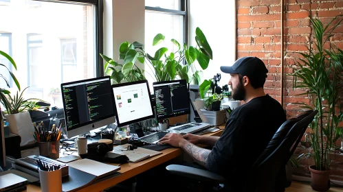 Workspace with Man and Multiple Monitors