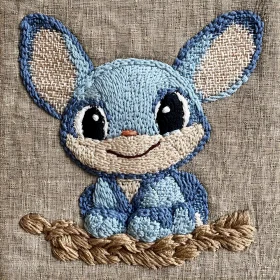 Blue Bunny Embroidery on Linen Canvas