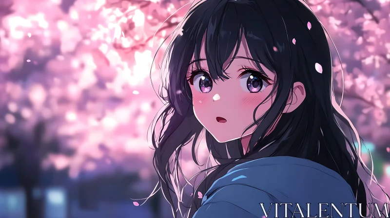 Anime Girl and Cherry Blossoms Scene AI Image