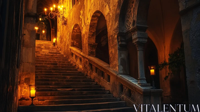 Ancient Stone Staircase with Candlelight AI Image