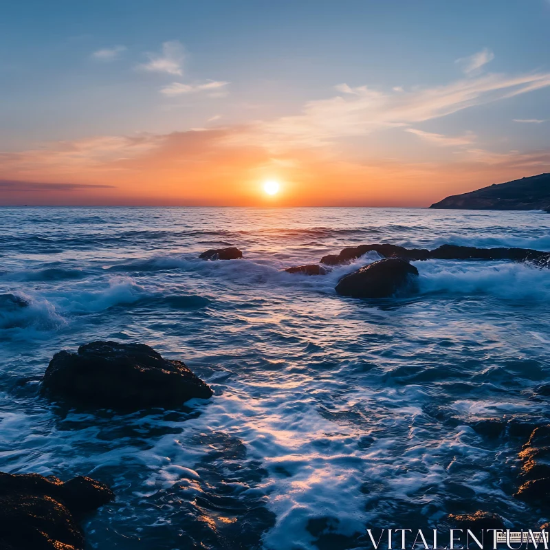 Ocean Sunset with Rocks and Waves AI Image