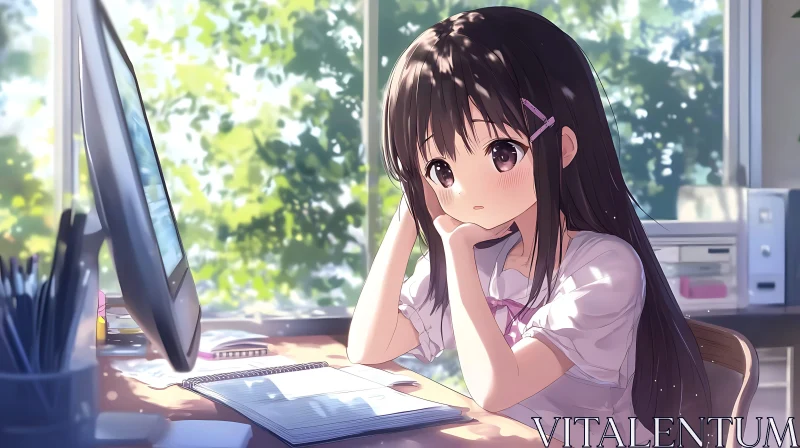 AI ART Pensive Anime Girl at Study Desk