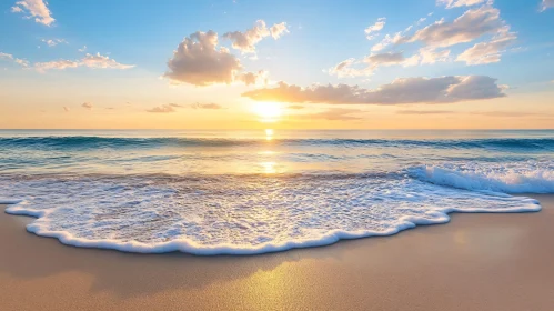 Seascape at Sunset: Gentle Waves on Sandy Beach