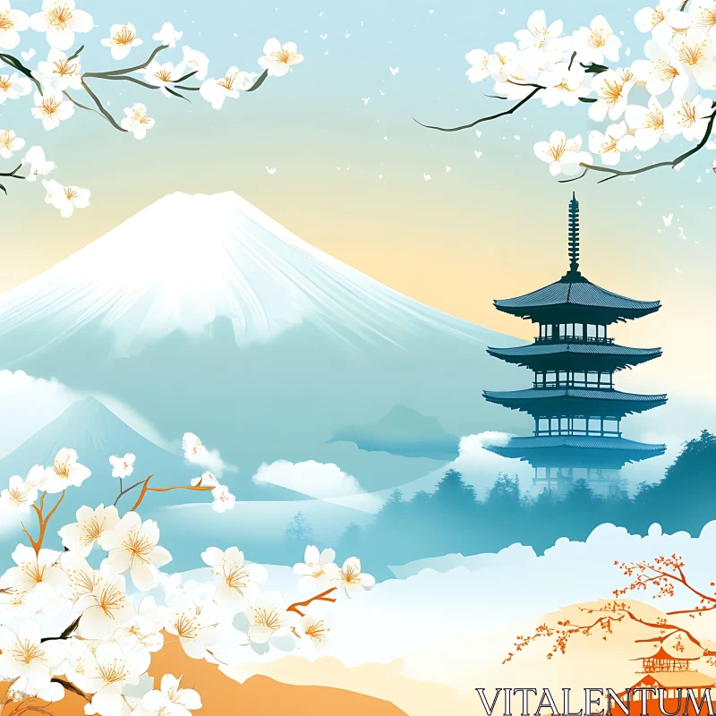 AI ART Japanese Landscape with Cherry Blossoms