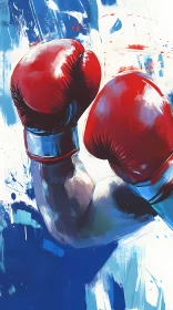 Red Boxing Gloves Amidst Energetic Blue and White Brushstrokes AI Generated Image