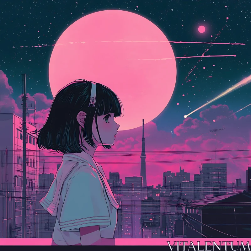 Night Sky Anime Art with Girl and Pink Moon AI Image