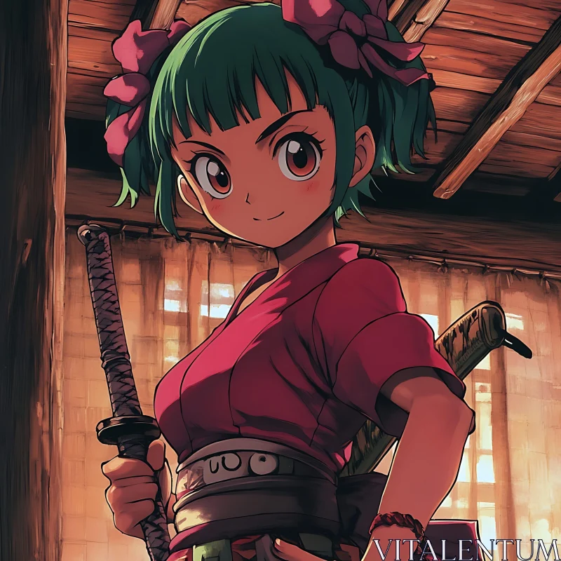 Anime Girl with Swords in Japanese Setting AI Image