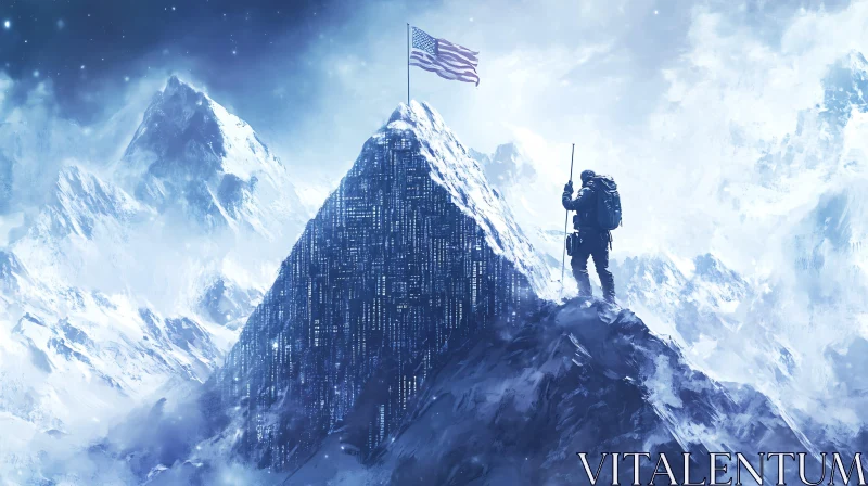 Mountaineer's Ascent: Flag on Snowy Summit AI Image