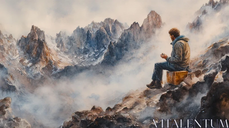 AI ART Solitary Explorer in Misty Mountains