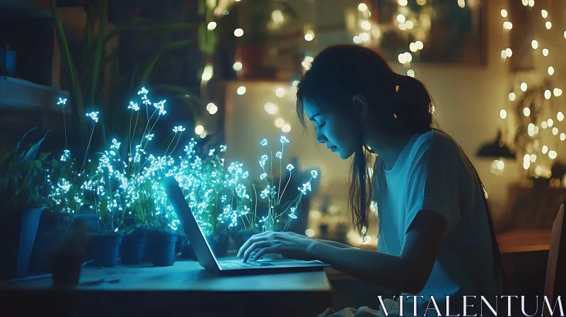 AI ART Nighttime Work Session with Floral Lights