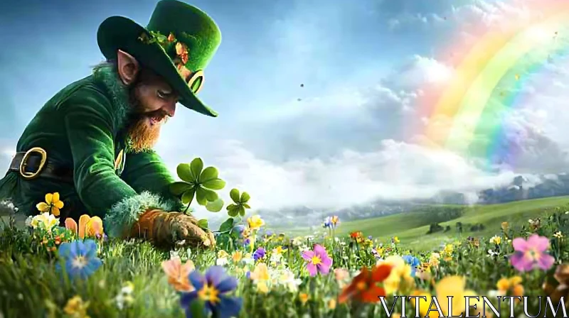 Leprechaun's Clover Patch Under Rainbow AI Image