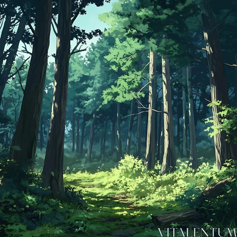 AI ART Sunlit Forest Scene with Lush Greenery