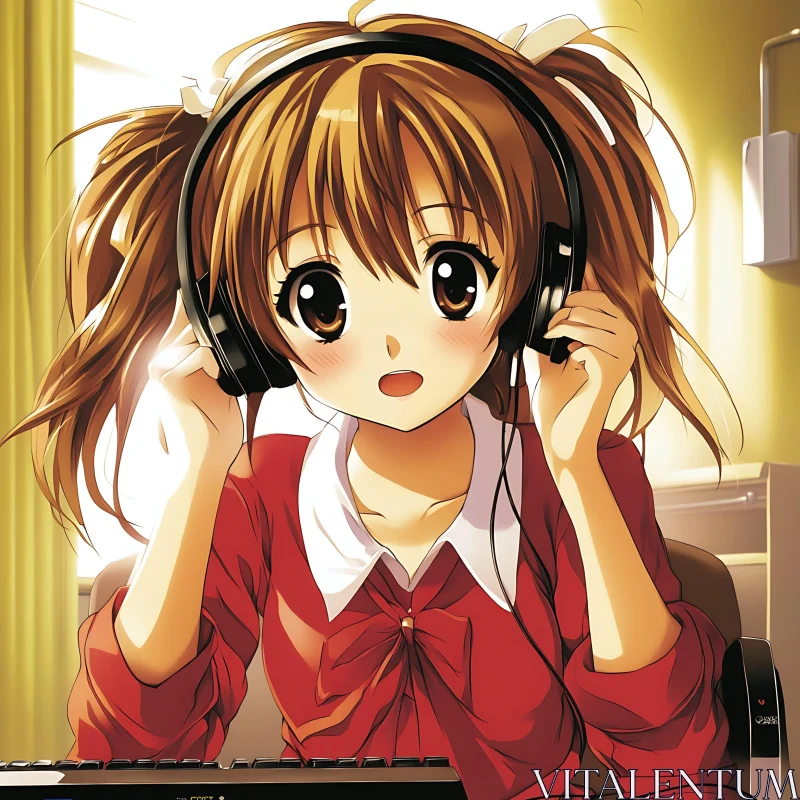 Anime Girl with Headphones Enjoying Music AI Image