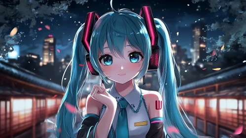 Anime Girl with Blue Hair and Headphones Under Night Sky