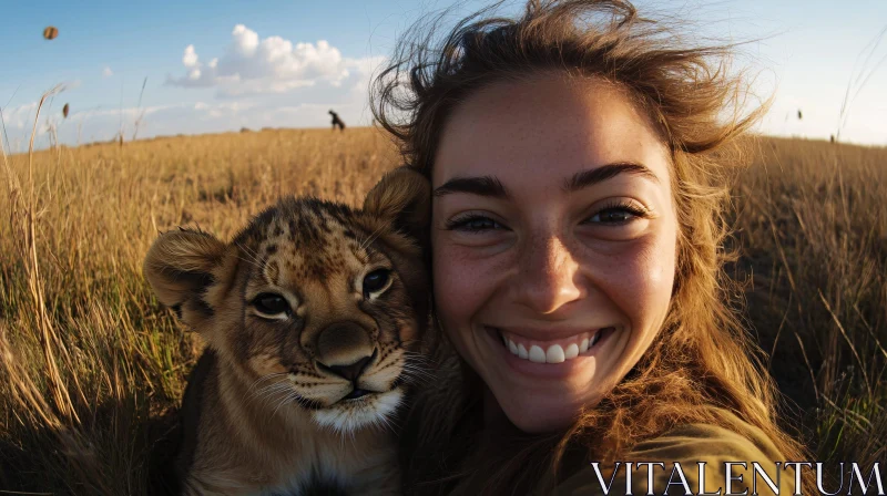 AI ART Lion Cub and Woman Friendship Portrait