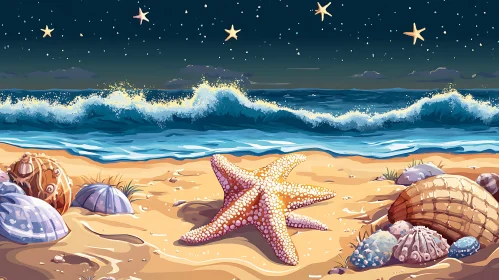 Starfish on Sandy Beach Under Stars