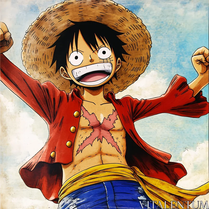 Joyful Anime Character with Straw Hat and Red Shirt AI Image