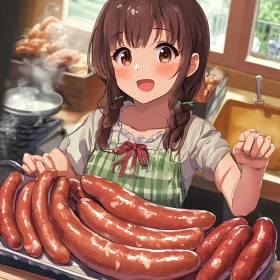 Anime Girl in Apron Cooking Sausages with a Smile