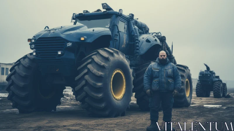 Men Beside Monster Trucks in a Sci-fi Military Scene AI Image