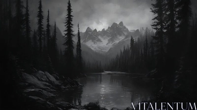 AI ART Grayscale Forest Lake Landscape