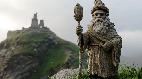 Stone Wizard Statue at Grassy Hilltop Castle