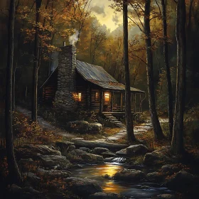 Tranquil Cabin in Forest with Twilight Glow