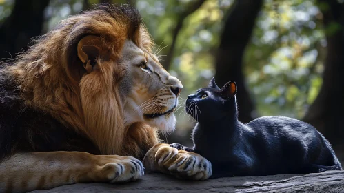 A Lion and Black Cat Together