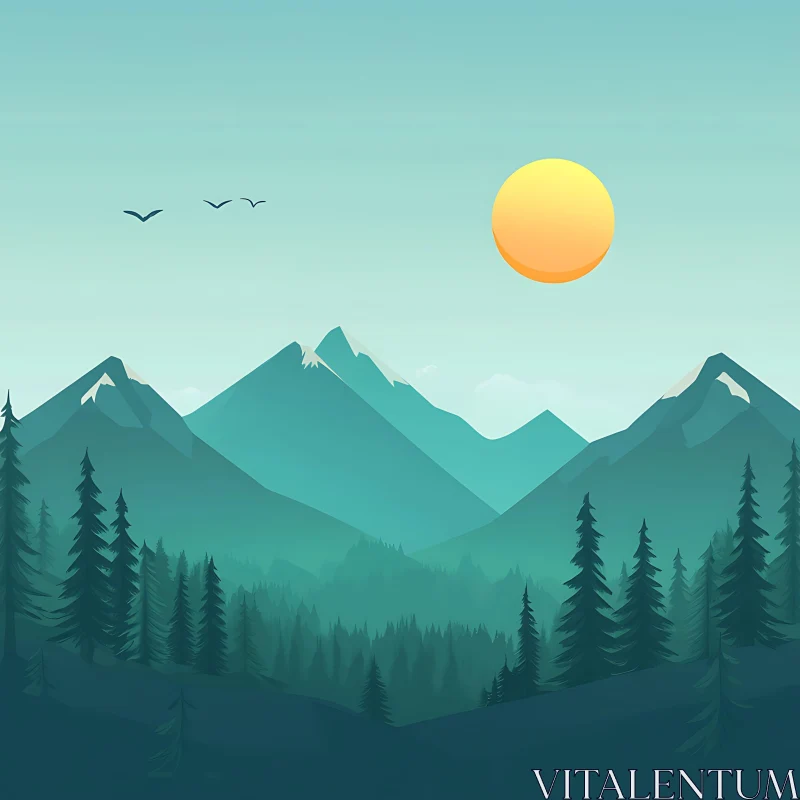 AI ART Minimalist Mountain Landscape with Forest