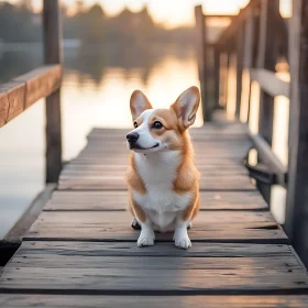 Corgi at Sunset Lakeside Pier