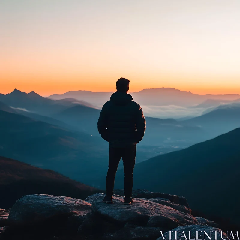 Man on Mountain Peak at Sunset AI Image