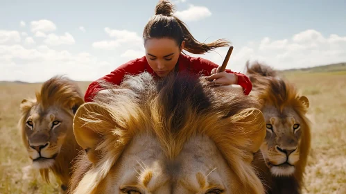 Gentle Touch: Woman with Lions
