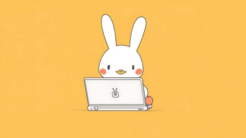 Bunny Cartoon with Laptop on Yellow Background