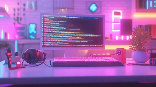 Illuminated Code on Neon Lit Workspace